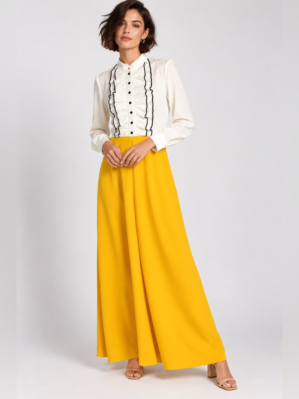 Vintage 1950’s 1960’s Women's Two-Tone White and Yellow Long Sleeve Maxi Dress